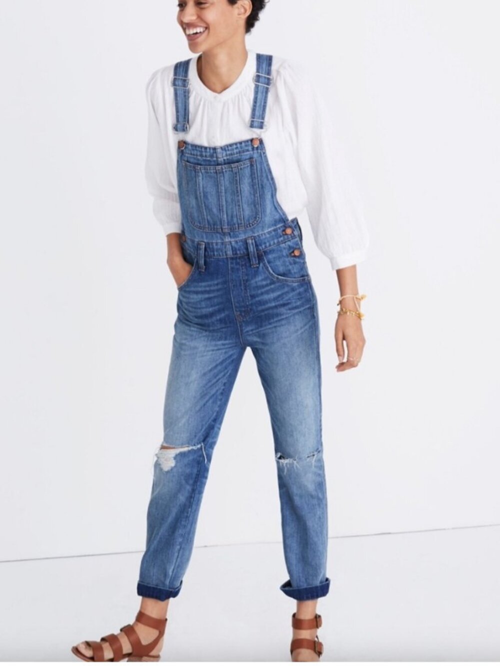 MADEWELL Relaxed Distressed Straight Leg Blue Denim Overalls Small